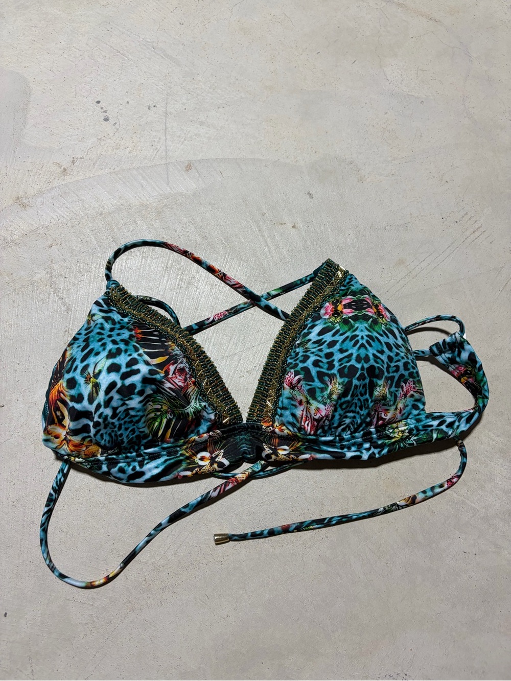 Lateen Tropical Teal Leopard Print Triangle Bikini Top XL
